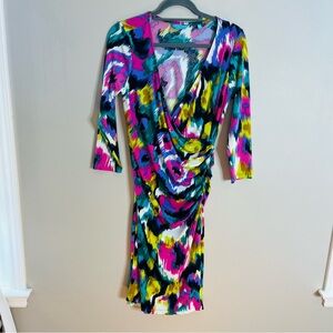 Tori Richard Honolulu Size Large Wrap Side Ruched Colorful Jersey Dress